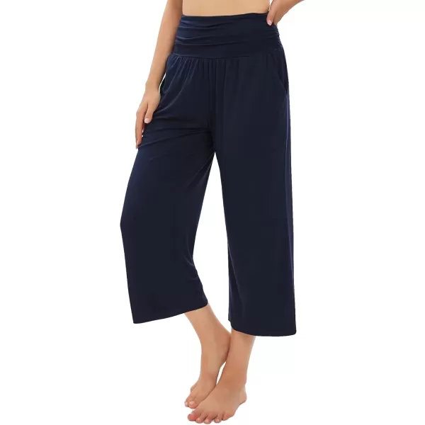 Urban CoCo Womens Comfy Yoga Capri Pants Casual Wide Leg Sweatpants High Waist Stretch Cropped PantsNavy Blue