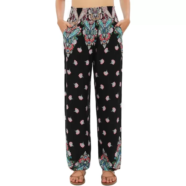 Urban CoCo Womens Elastic High Waist Boho Floral Print Pants Palazzo Wide Leg Lounge Pants2