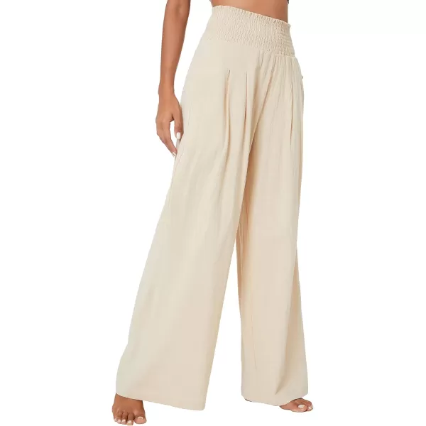 Urban CoCo Womens Elastic High Waist Light Weight Loose Casual Wide Leg Trousers Long Pants with PocketBeige