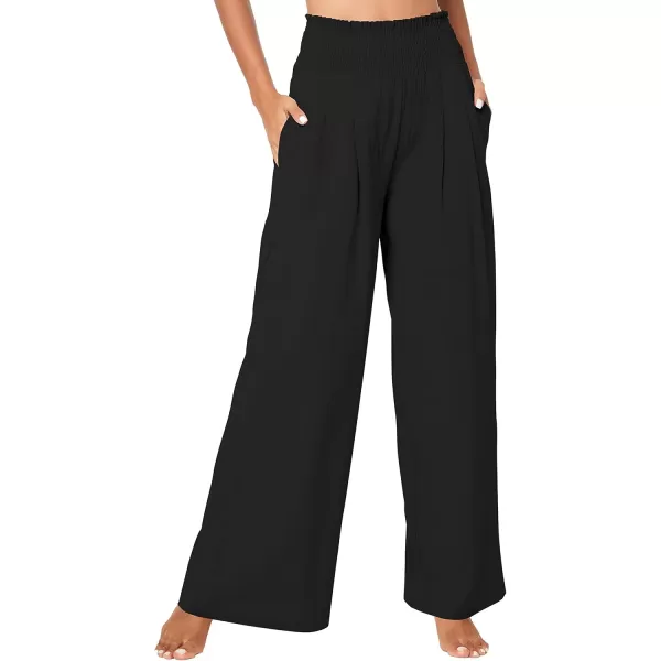 Urban CoCo Womens Elastic High Waist Light Weight Loose Casual Wide Leg Trousers Long Pants with PocketBlack