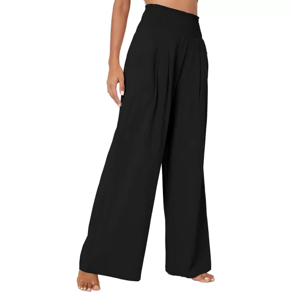 Urban CoCo Womens Elastic High Waist Light Weight Loose Casual Wide Leg Trousers Long Pants with PocketBlack