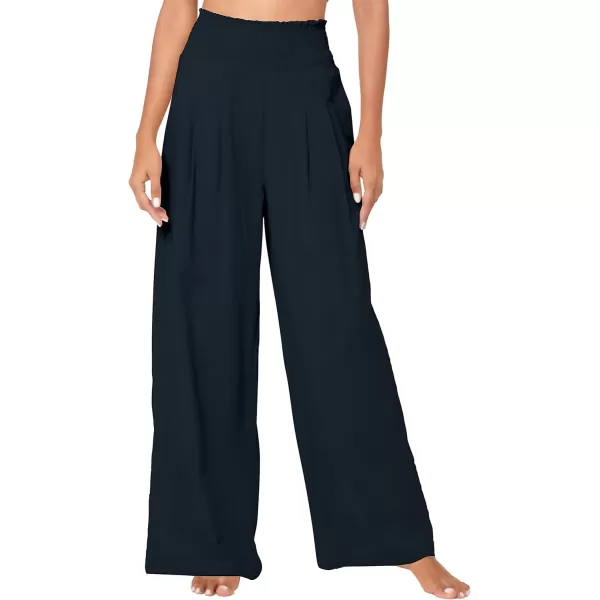 Urban CoCo Womens Elastic High Waist Light Weight Loose Casual Wide Leg Trousers Long Pants with PocketNavy Blue