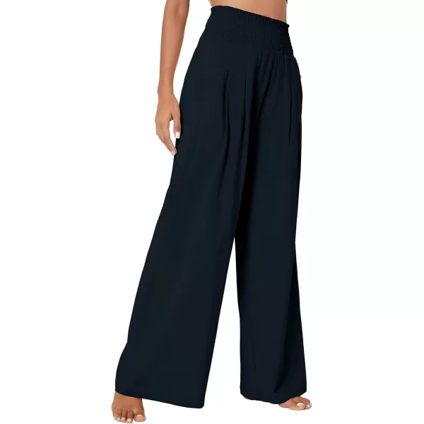 Urban CoCo Womens Elastic High Waist Light Weight Loose Casual Wide Leg Trousers Long Pants with PocketNavy Blue