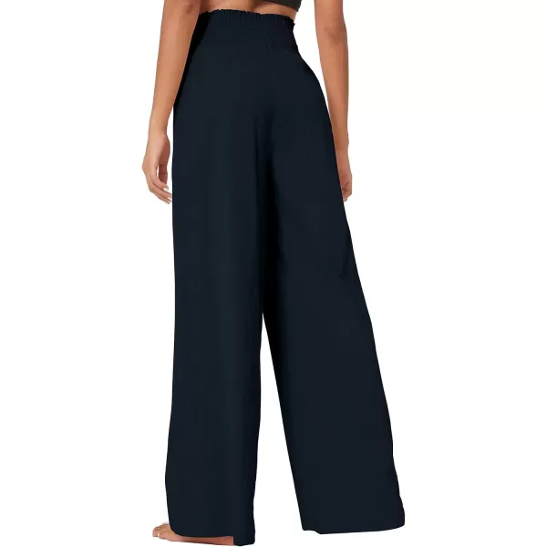 Urban CoCo Womens Elastic High Waist Light Weight Loose Casual Wide Leg Trousers Long Pants with PocketNavy Blue