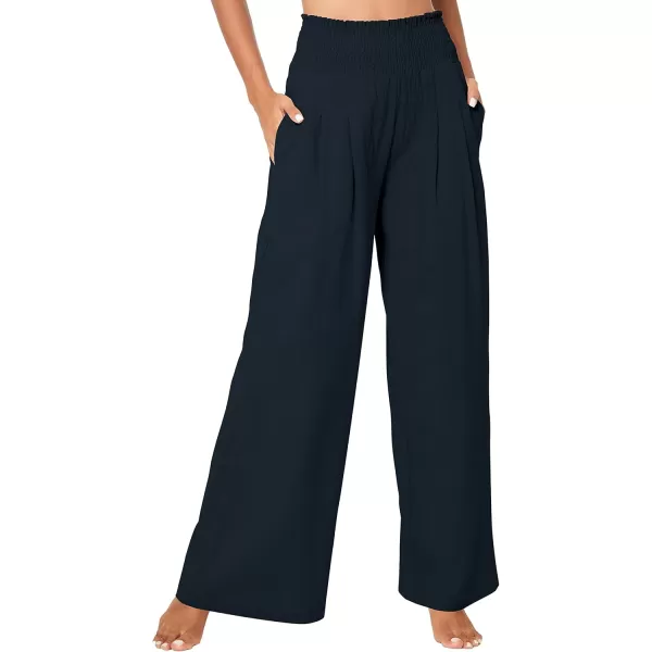 Urban CoCo Womens Elastic High Waist Light Weight Loose Casual Wide Leg Trousers Long Pants with PocketNavy Blue