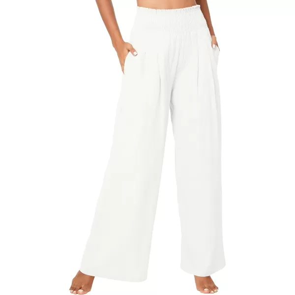Urban CoCo Womens Elastic High Waist Light Weight Loose Casual Wide Leg Trousers Long Pants with PocketWhite