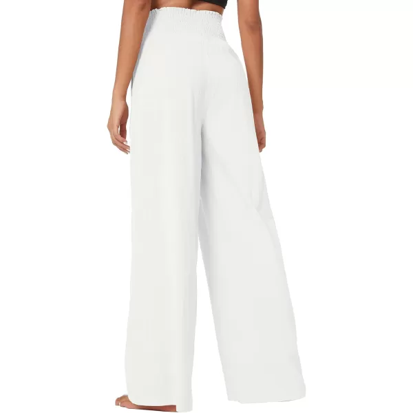 Urban CoCo Womens Elastic High Waist Light Weight Loose Casual Wide Leg Trousers Long Pants with PocketWhite