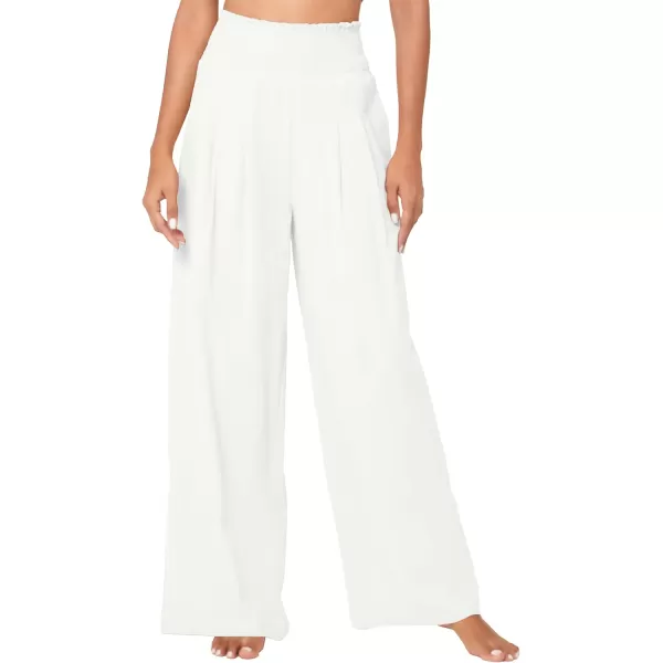 Urban CoCo Womens Elastic High Waist Light Weight Loose Casual Wide Leg Trousers Long Pants with PocketWhite