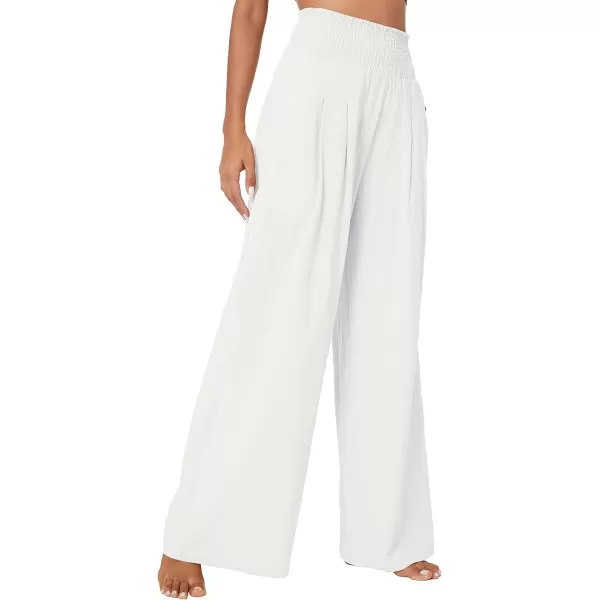 Urban CoCo Womens Elastic High Waist Light Weight Loose Casual Wide Leg Trousers Long Pants with PocketWhite