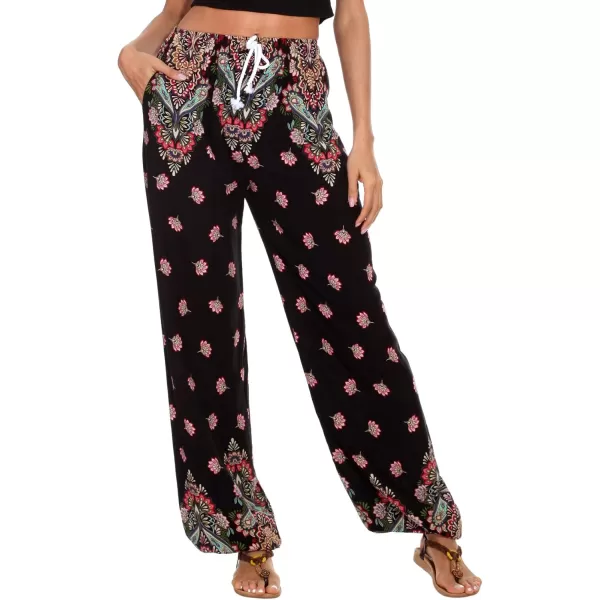 Urban CoCo Womens Floral Print Summer Boho Pants Harem Beach Vacation PantsBlackMulticolor