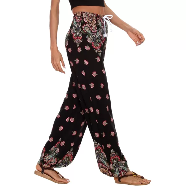 Urban CoCo Womens Floral Print Summer Boho Pants Harem Beach Vacation PantsBlackMulticolor