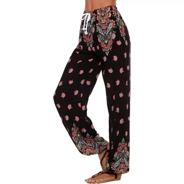 Urban CoCo Womens Floral Print Summer Boho Pants Harem Beach Vacation PantsBlackMulticolor