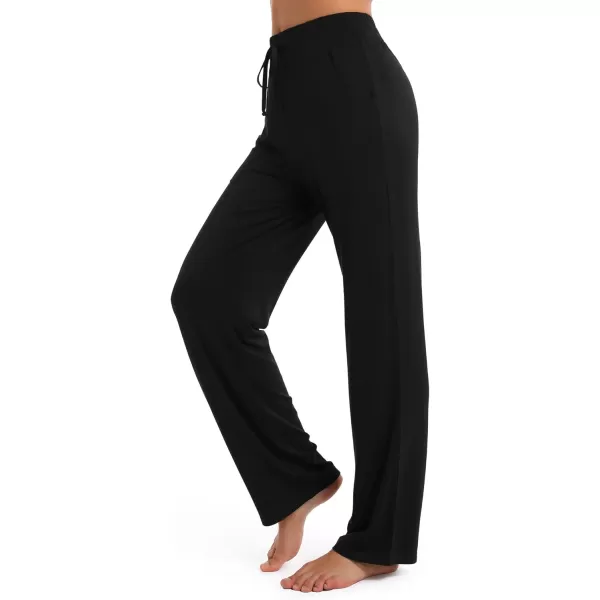 Urban CoCo Womens Straight Leg Long Pants Elastic High Waist Drawstring Casual Trousers with PocketsBlack