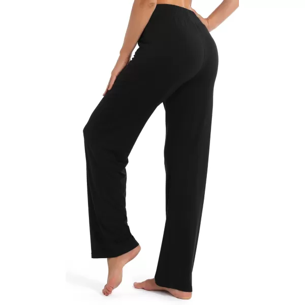 Urban CoCo Womens Straight Leg Long Pants Elastic High Waist Drawstring Casual Trousers with PocketsBlack