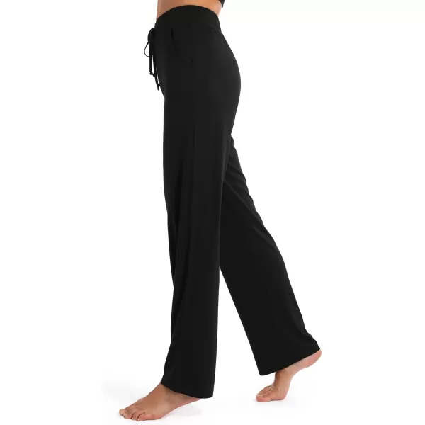 Urban CoCo Womens Straight Leg Long Pants Elastic High Waist Drawstring Casual Trousers with PocketsBlack