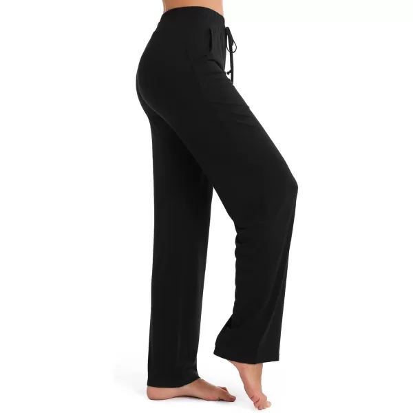Urban CoCo Womens Straight Leg Long Pants Elastic High Waist Drawstring Casual Trousers with PocketsBlack