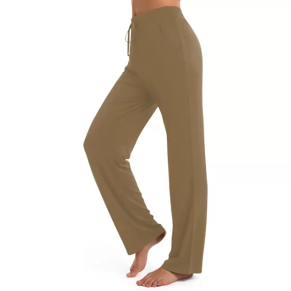 Urban CoCo Womens Straight Leg Long Pants Elastic High Waist Drawstring Casual Trousers with PocketsCamel
