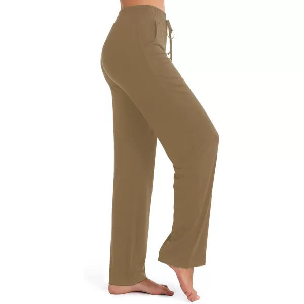 Urban CoCo Womens Straight Leg Long Pants Elastic High Waist Drawstring Casual Trousers with PocketsCamel