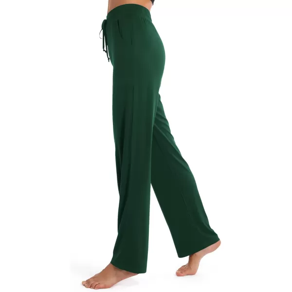 Urban CoCo Womens Straight Leg Long Pants Elastic High Waist Drawstring Casual Trousers with PocketsDark Green