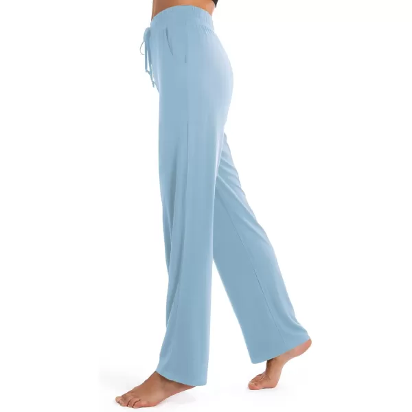 Urban CoCo Womens Straight Leg Long Pants Elastic High Waist Drawstring Casual Trousers with PocketsLight Blue