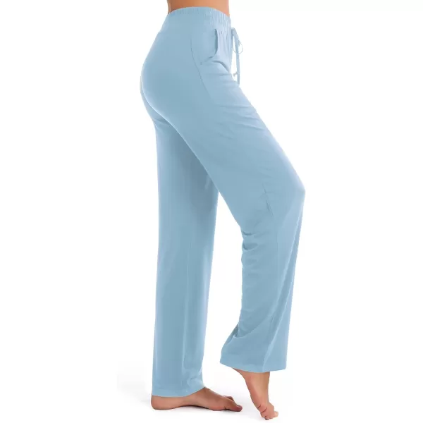 Urban CoCo Womens Straight Leg Long Pants Elastic High Waist Drawstring Casual Trousers with PocketsLight Blue