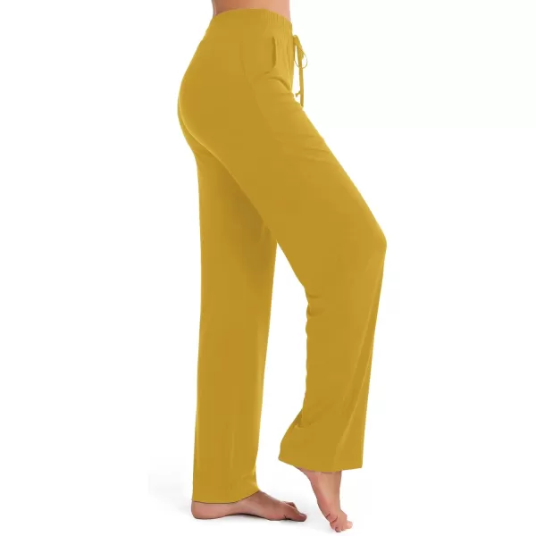 Urban CoCo Womens Straight Leg Long Pants Elastic High Waist Drawstring Casual Trousers with PocketsMustard