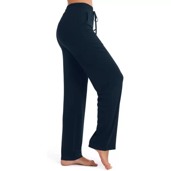 Urban CoCo Womens Straight Leg Long Pants Elastic High Waist Drawstring Casual Trousers with PocketsNavy Blue