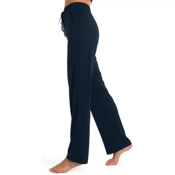 Urban CoCo Womens Straight Leg Long Pants Elastic High Waist Drawstring Casual Trousers with PocketsNavy Blue