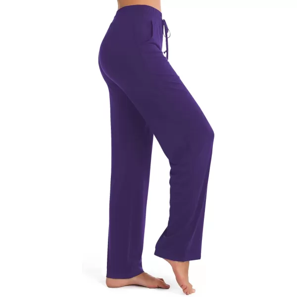 Urban CoCo Womens Straight Leg Long Pants Elastic High Waist Drawstring Casual Trousers with PocketsPurple