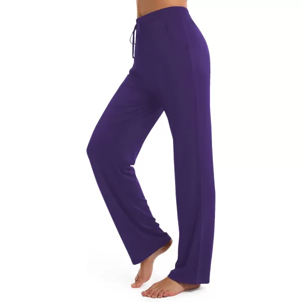 Urban CoCo Womens Straight Leg Long Pants Elastic High Waist Drawstring Casual Trousers with PocketsPurple