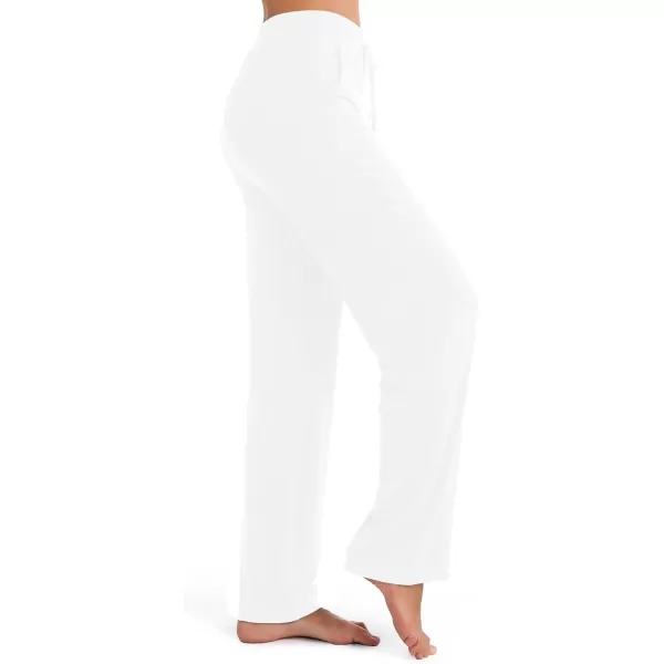 Urban CoCo Womens Straight Leg Long Pants Elastic High Waist Drawstring Casual Trousers with PocketsWhite
