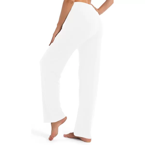 Urban CoCo Womens Straight Leg Long Pants Elastic High Waist Drawstring Casual Trousers with PocketsWhite