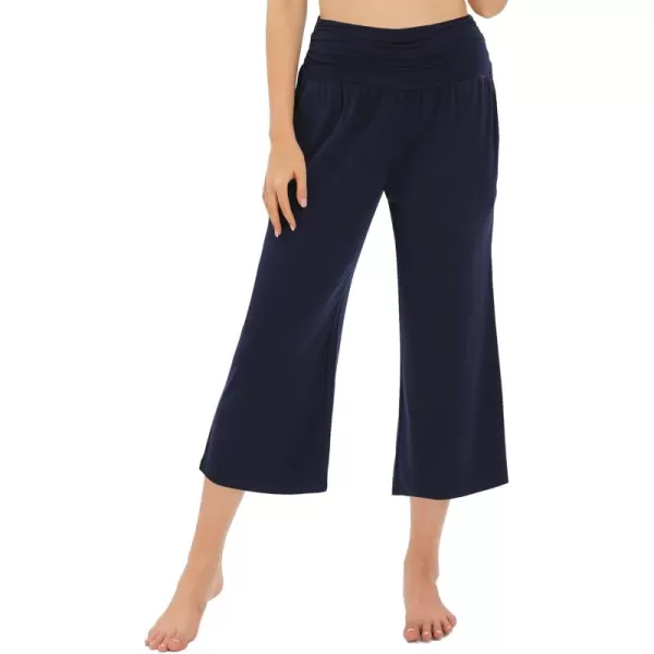 Urban CoCo Womens Comfy Yoga Capri Pants Casual Wide Leg Sweatpants High Waist Stretch Cropped PantsNavy Blue