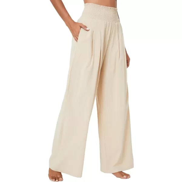 Urban CoCo Womens Elastic High Waist Light Weight Loose Casual Wide Leg Trousers Long Pants with PocketBeige