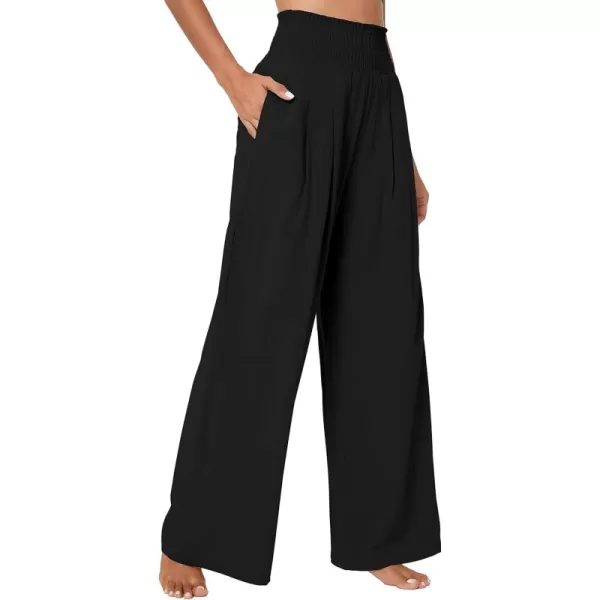 Urban CoCo Womens Elastic High Waist Light Weight Loose Casual Wide Leg Trousers Long Pants with PocketBlack