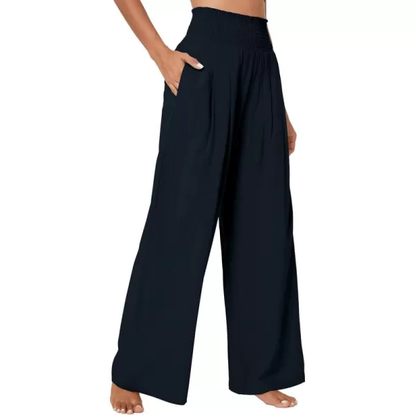 Urban CoCo Womens Elastic High Waist Light Weight Loose Casual Wide Leg Trousers Long Pants with PocketNavy Blue