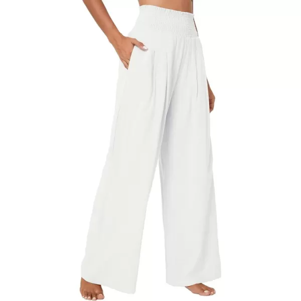Urban CoCo Womens Elastic High Waist Light Weight Loose Casual Wide Leg Trousers Long Pants with PocketWhite