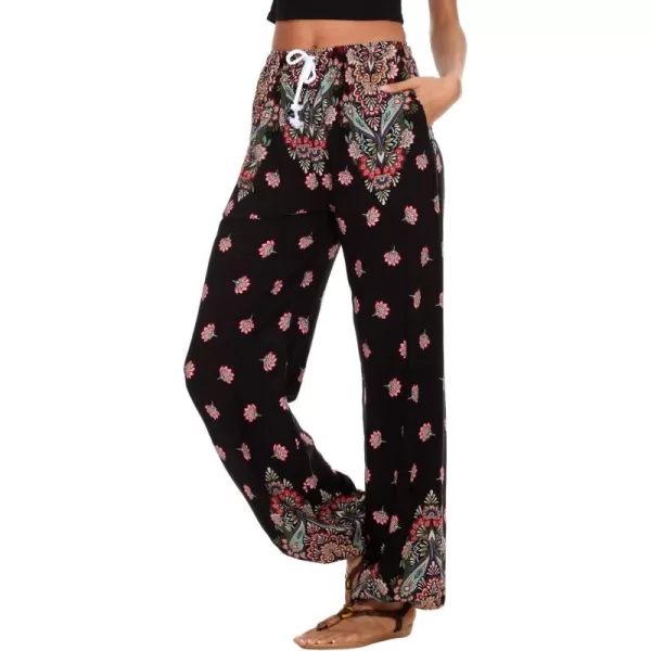 Urban CoCo Womens Floral Print Summer Boho Pants Harem Beach Vacation PantsBlackMulticolor