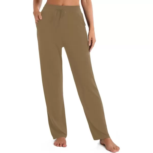 Urban CoCo Womens Straight Leg Long Pants Elastic High Waist Drawstring Casual Trousers with PocketsCamel
