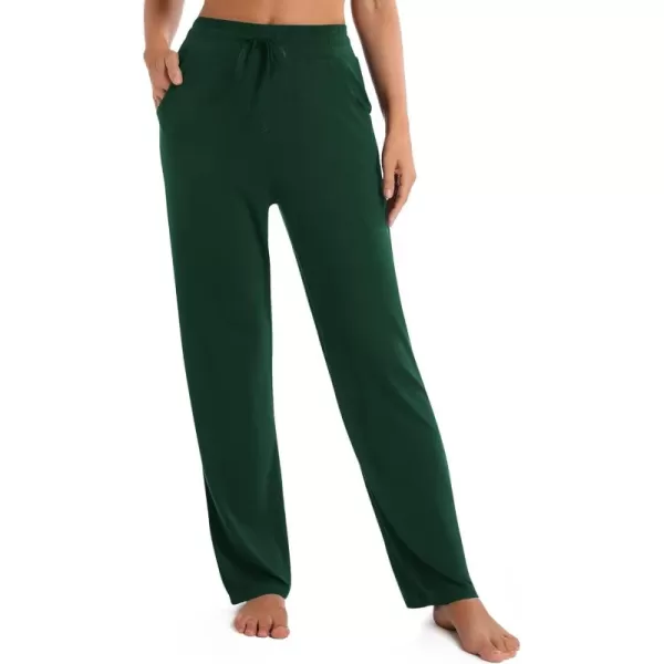 Urban CoCo Womens Straight Leg Long Pants Elastic High Waist Drawstring Casual Trousers with PocketsDark Green