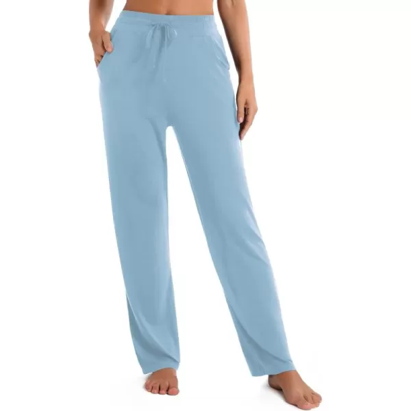 Urban CoCo Womens Straight Leg Long Pants Elastic High Waist Drawstring Casual Trousers with PocketsLight Blue