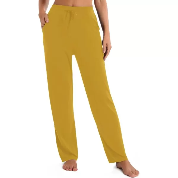 Urban CoCo Womens Straight Leg Long Pants Elastic High Waist Drawstring Casual Trousers with PocketsMustard