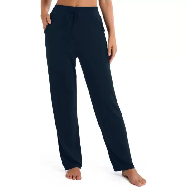 Urban CoCo Womens Straight Leg Long Pants Elastic High Waist Drawstring Casual Trousers with PocketsNavy Blue