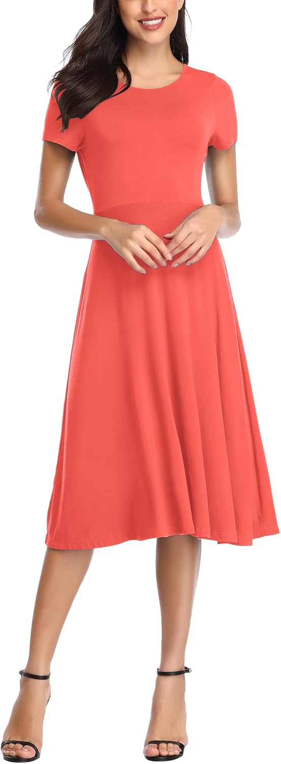 Urban CoCo Womens Vintage Short Sleeve High Waist Flared Midi Casual Summer DressCoral