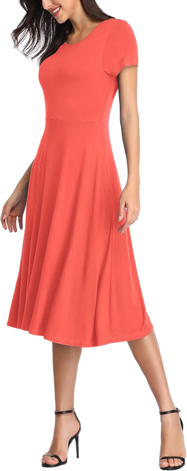 Urban CoCo Womens Vintage Short Sleeve High Waist Flared Midi Casual Summer DressCoral