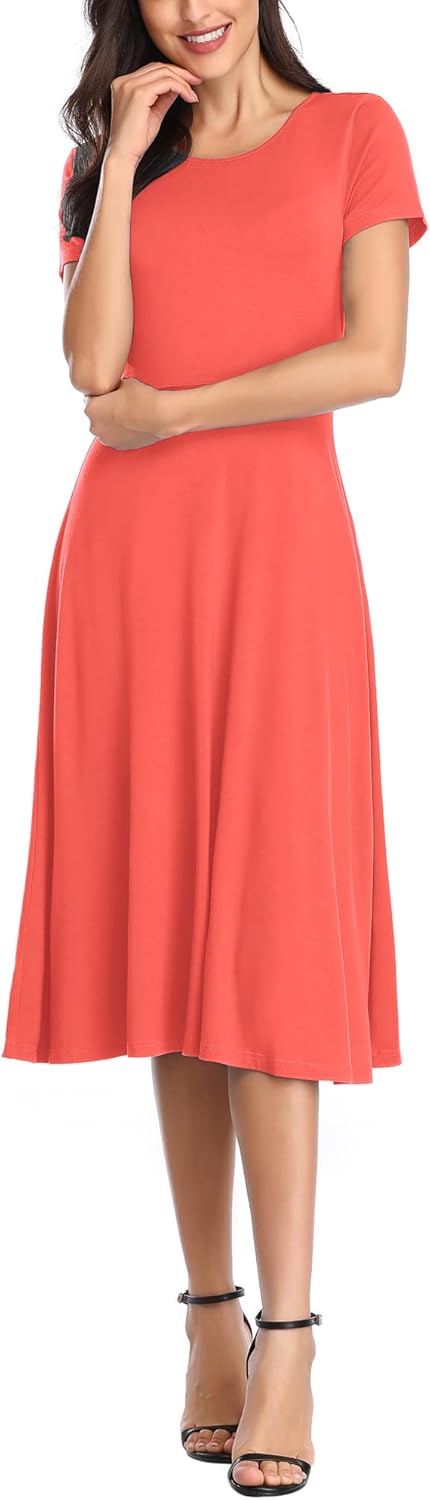Urban CoCo Womens Vintage Short Sleeve High Waist Flared Midi Casual Summer DressCoral