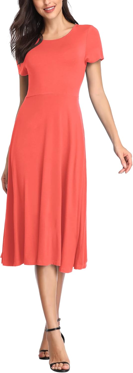 Urban CoCo Womens Vintage Short Sleeve High Waist Flared Midi Casual Summer DressCoral