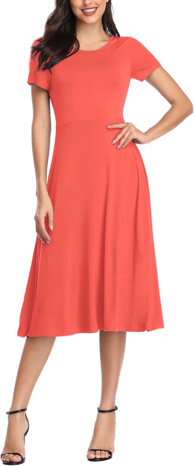 Urban CoCo Womens Vintage Short Sleeve High Waist Flared Midi Casual Summer DressCoral