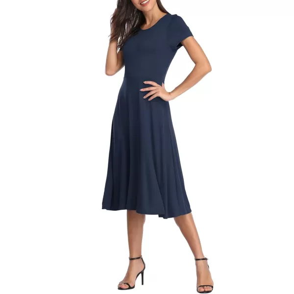 Urban CoCo Womens Floral Print Short Sleeve Flared Midi DressNavy Blue