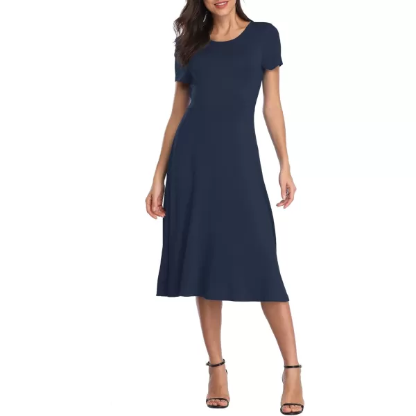 Urban CoCo Womens Floral Print Short Sleeve Flared Midi DressNavy Blue